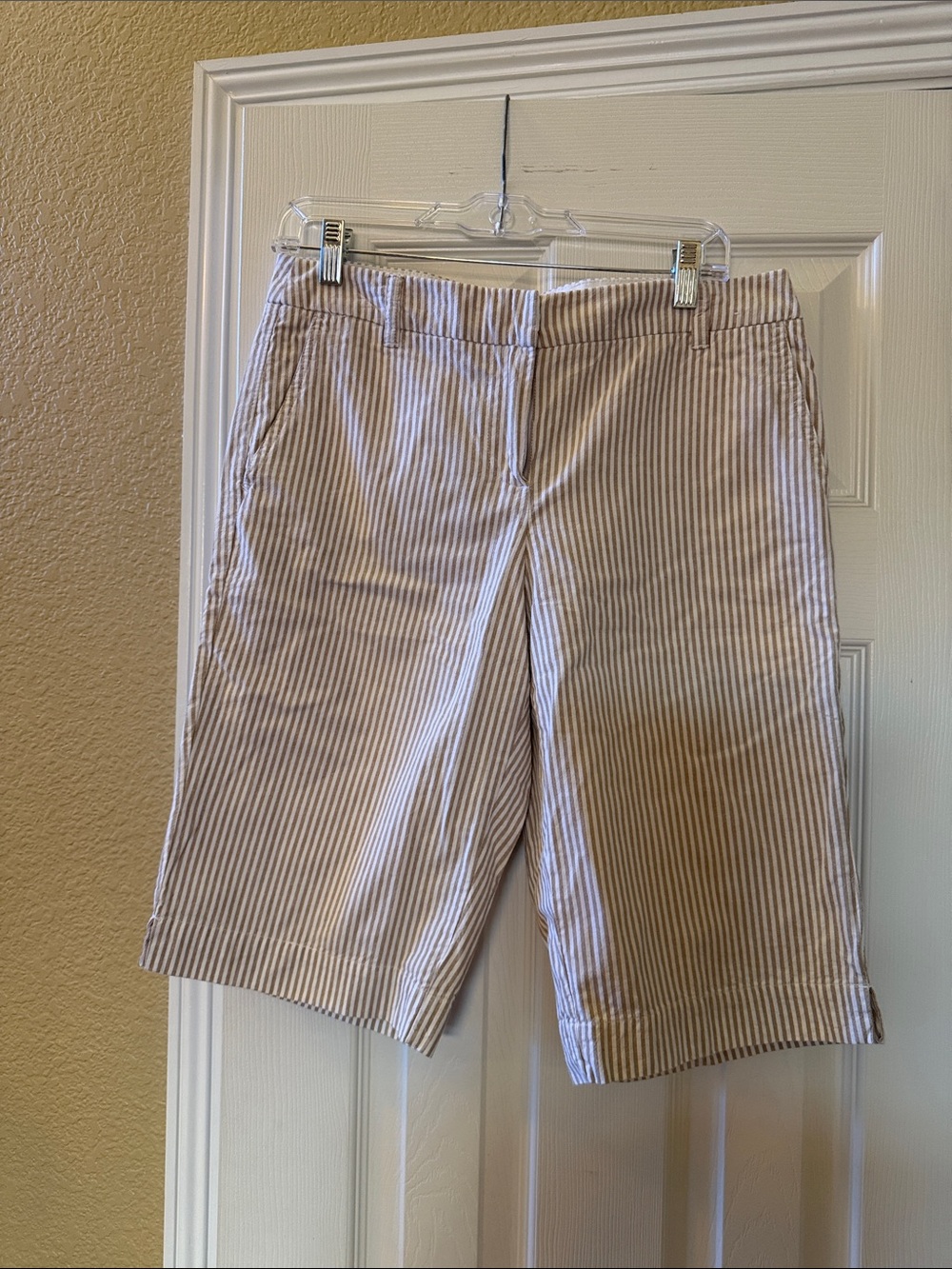 New York & Company women’s Beige and White Striped Flat-Front Shorts